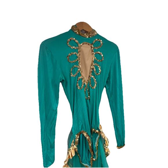 Vintage Curtain Call Costumes Green Gold Leotard Jazz Showgirl Stretch Adult L - Picture 4 of 9